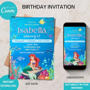 Little Mermaid Princess Birthday Invitation Template Kids Party Ariel Birthday Invite for Girl Birthday Party Mermaid Princess Party