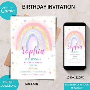 デジタルレインボーパーティー招待状女の子の誕生日カードテンプレートレインボー招待状編集可能な招待状ピンク電子誕生日招待状Canvaテンプレート
