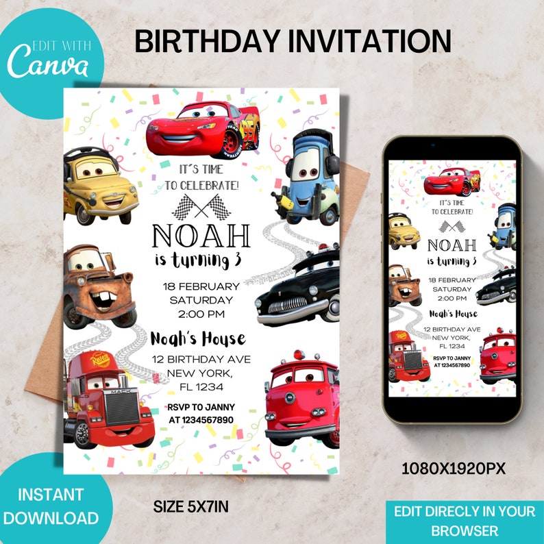 Cars Birthday Invitation Lighting McQueen Birthday Invitation Kids birthday invite Editable Template Instant Download Cars