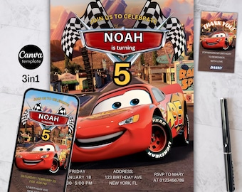 Faire-part d'anniversaire voitures, invitation mobile anniversaire enfants, Lightning McQueen Evite, invitation numérique imprimable sur toile personnalisée modifiable 95