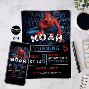 Editable Spiderman Birthday Invitation| Birthday party| Digital Download| Edit with Canva| Spidey| Kids Birthday Invite Editable Template