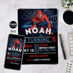 Editable Spiderman Birthday Invitation| Birthday party| Digital Download| Edit with Canva| Spidey| Kids Birthday Invite Editable Template