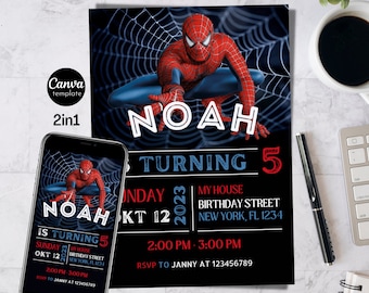 Faire-part d'anniversaire Spiderman modifiable | Fête d'anniversaire| Téléchargement numérique| Modifier avec Canvas| Spider-Man| Modèle modifiable d'invitation d'anniversaire pour enfants