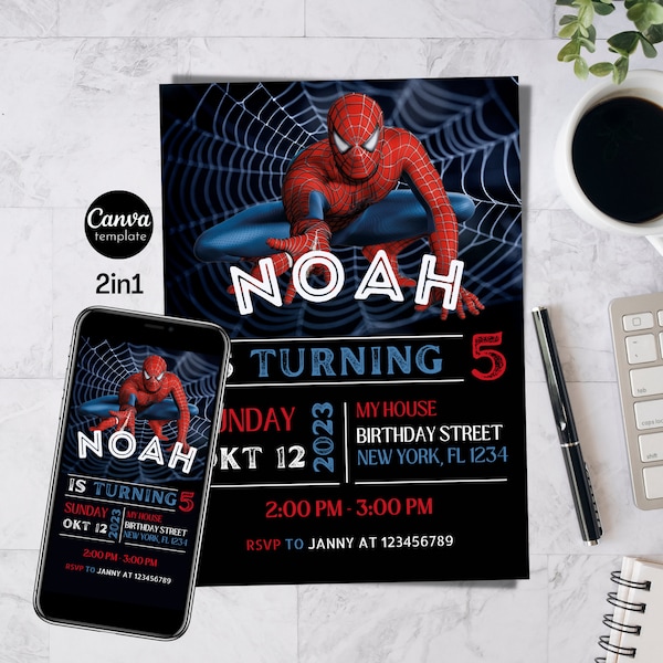 Faire-part d'anniversaire Spiderman modifiable | Fête d'anniversaire| Téléchargement numérique| Modifier avec Canvas| Spider-Man| Modèle modifiable d'invitation d'anniversaire pour enfants