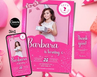 Editable Printable Photo Hot Pink Doll Box Birthday Invitation Template, Digital Kid Princess Barbi, Hot Pink Party Invite Instant Download