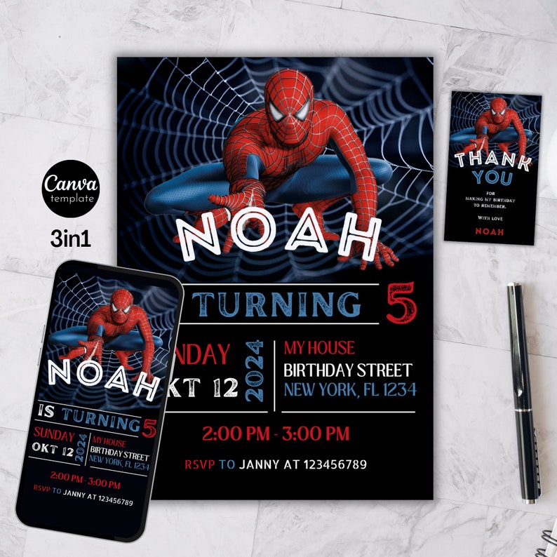 Peut inclure: Une invitation d'anniversaire Spiderman noire et rouge avec un design de toile d'araign&eacute;e. L'invitation indique "Noah Turning 5" et comprend la date, l'heure et le lieu de la f&ecirc;te. L'invitation comprend &eacute;galement une carte de remerciement avec le texte "Merci d'avoir fait de mon anniversaire un moment inoubliable avec amour Noah".