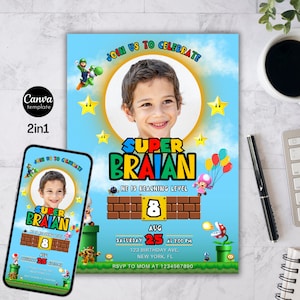 Mario Bros Invitation Template, Super Mario Birthday Invite, Super Brothers boy Invite, Video Game, Kid Invite, Editable Canva Template