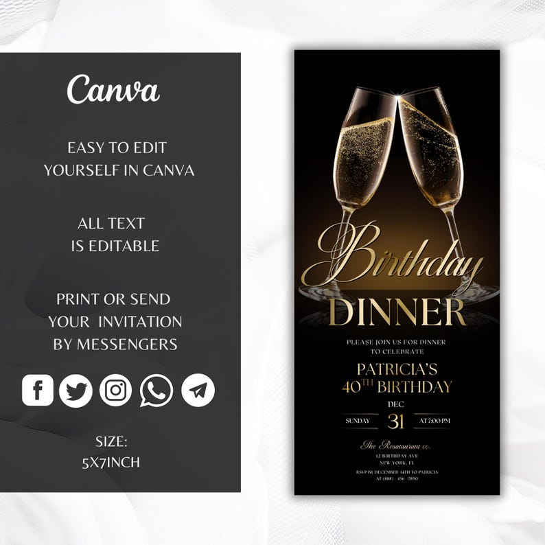 May include: A black and gold birthday dinner invitation with two champagne flutes clinking. The invitation includes the text "Birthday Dinner" and details for Patricia's 40th birthday, including the date, time, and location. The invitation is 5x7 inches.