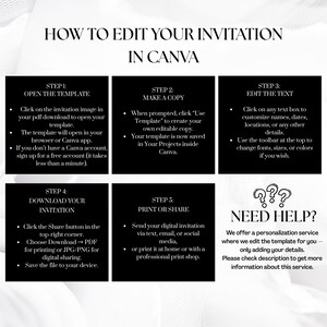 May include: A graphic with instructions on how to edit an invitation in Canva. The steps include opening the template, making a copy, editing the text, downloading the invitation, and printing or sharing it. There is also a section for help.