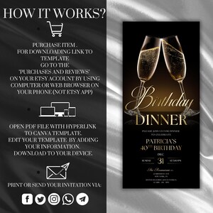 May include: A black and gold birthday dinner invitation template. The design features two champagne flutes clinking, with the words "Birthday Dinner" in elegant script. The invitation includes details for Patricia's 40th birthday.