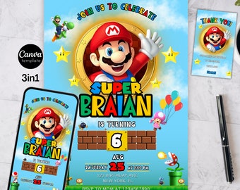 Mario Bros Invitation Template, Super Mario Birthday Invite, Super Brothers boy Invite, Video Game, Kid Invite, Editable Canva Template 78