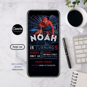 Redigerbar Spiderman-födelsedagsinbjudan | Födelsedagsfest | Digital nedladdning | Redigera med Canva | Spiderman | Redigerbar mall för barnfödelsedagsinbjudan