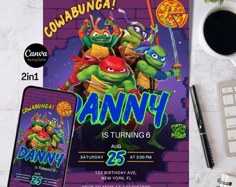 Ninja Turtle Invitation Template, Turtle Birthday Invitation, Superhero Invitation, Editable Invitation, Kids Birthday invitation 72