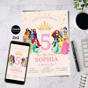 Princess Birthday Canva Template| Princess Birthday Party Invitation| Gold and Pink invitation template| Princess Party|Princess Celebration