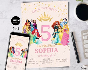 Princess Birthday Canva Template| Princess Birthday Party Invitation| Gold and Pink invitation template| Princess Party|Princess Celebration