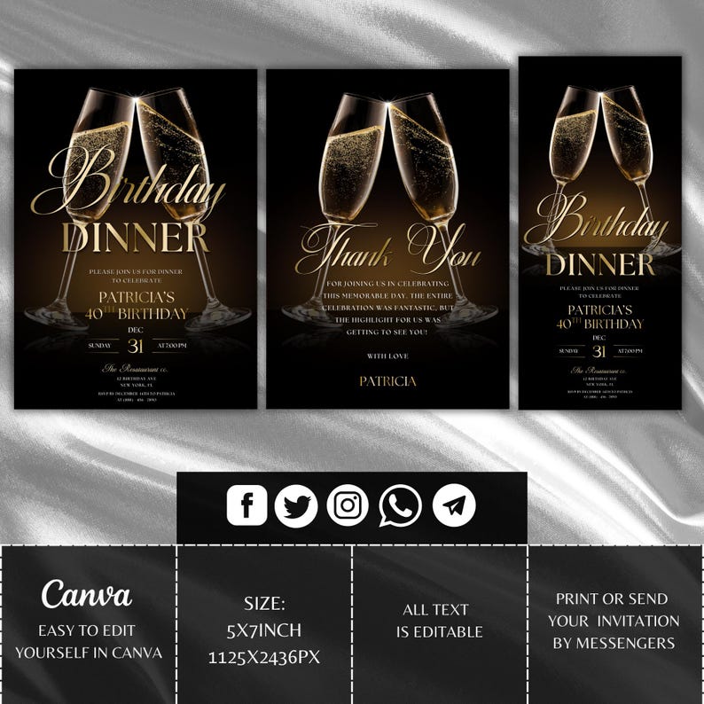 May include: Set of three invitation cards with champagne glasses. The cards feature gold text that reads "Birthday Dinner" and "Thank You". The invitations are for Patricia's 40th birthday.