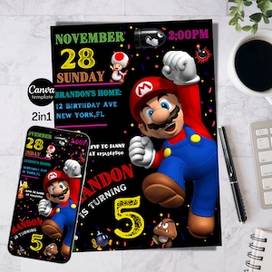 Convite de aniversário do Super Mario Convite de aniversário editável Convite do Super Mario Modelo de convite de aniversário do Mario para impressão