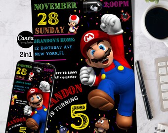 Super Mario-Geburtstags-Einladung bearbeitbare Geburtstagseinladung Super Mario-Einladung Druckbare Mario-Einladung Geburtstagsvorlage