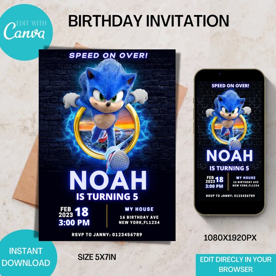 Sonic the Hedgehog Birthday Invitation|Editable Birthday Digital Invitation|Kids Party Invite|Birthday Invites Cards for Boys|Canva Template