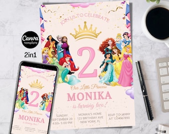 Princess birthday invitation princesses birthday party invitation digital Gold and Pink princess frozen birthday party invitations for girls