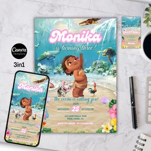 Baby Moana Geburtstagseinladung, bearbeitbare digitale Hawaiian Moana Geburtstag einladen, Kinder Thema Party Einladung, Digital Baby Moana Template102