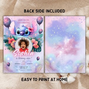 May include: A two-sided invitation for a birthday party. The front features a cartoon character, a photo of a child, and the text "Sophia is turning nine!" The back has a watercolor design. Text includes "Back Side Included" and "Easy to Print at Home."