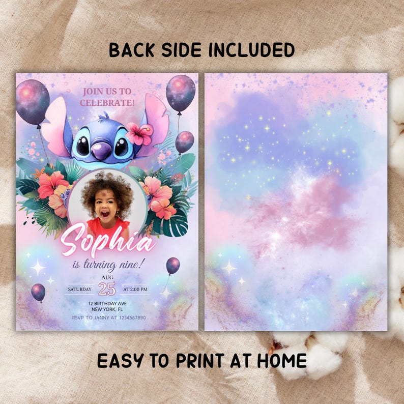 May include: A two-sided invitation for a birthday party. The front features a cartoon character, a photo of a child, and the text "Sophia is turning nine!" The back has a watercolor design. Text includes "Back Side Included" and "Easy to Print at Home."