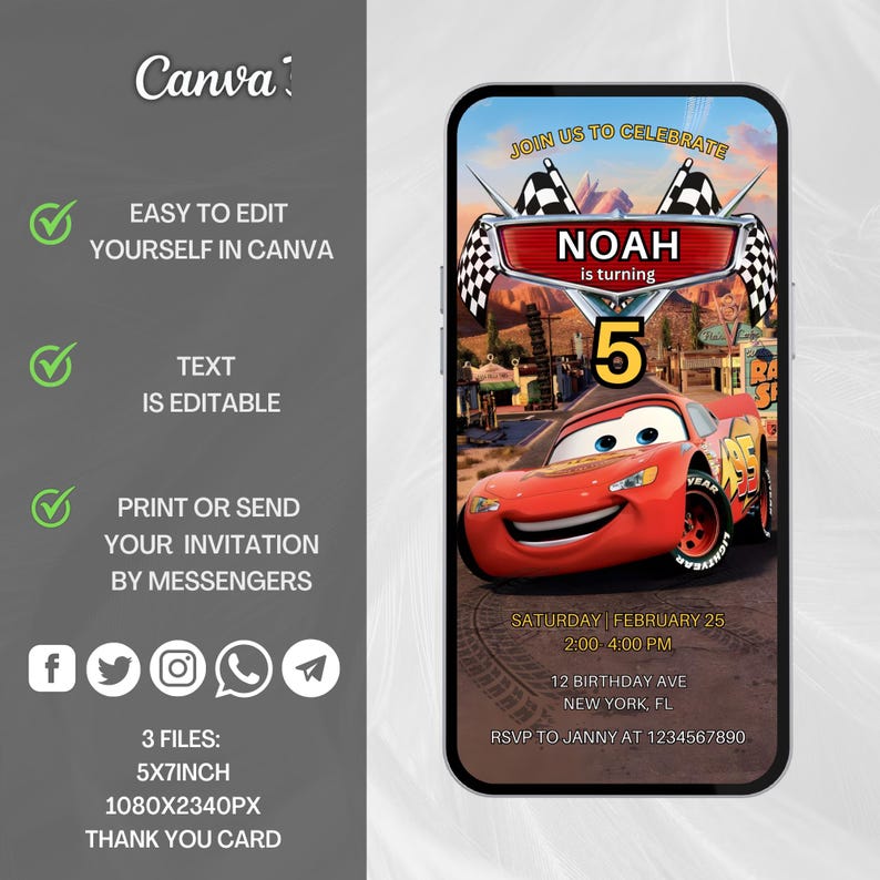 May include: A digital invitation featuring a red race car with the text "NOAH is turning 5." The invitation includes event details: date, time, and location. The design also includes the Canva logo and social media icons.