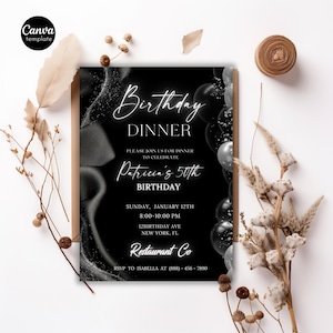May include: Black and white birthday dinner invitation with elegant script. The invitation reads "Birthday Dinner" and "Patricia's 50th Birthday". Includes event details: date, time, location, and RSVP information. Decorative elements include balloons.