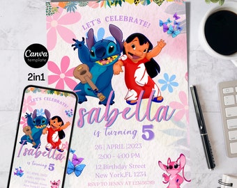 Stitch Birthday Invitation Template Stitch Invite Stitch Party Invite Stitch Girls Birthday Invitation Kids Party Editable Canva Stitch