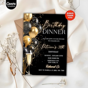 Digital Birthday Dinner Invitation Template, Black Tie Glam Invite, Black Golden Diamond Evite For Men & Women, Self Editable eCard