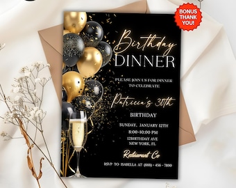 Digital Birthday Dinner Invitation Template, Black Tie Glam Invite, Black Golden Diamond Evite For Men & Women, Self Editable eCard