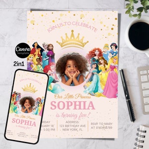 Prinses verjaardagsuitnodiging Royal Girl Celebration Invite magische Disney prinses uitnodiging gepersonaliseerde en bewerkbare instant download