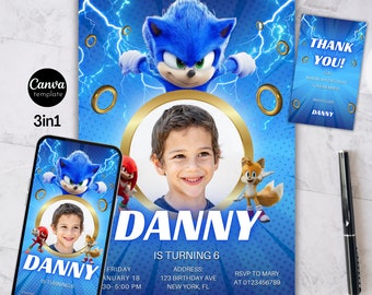 Sonic verjaardagsuitnodiging, Super Hedgehog Boys-feestuitnodiging, Super Sonic-feestuitnodiging, bewerkbare Sonic-uitnodigingssjabloon, Canva-sjabloon 82