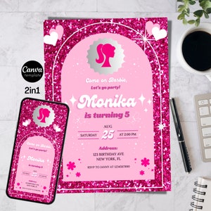 Hot Pink Birthday Party Invitation Template Pink Doll Party Printable Invitation Doll Invitation Kids Birthday Invite for girl Birthday part