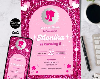 Hot Pink Birthday Party Invitation Template Pink Doll Party Printable Invitation Doll Invitation Kids Birthday Invite for girl Birthday part