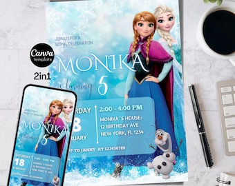 Editable Frozen Birthday Invitation Template, Princess Elsa Girl Evite, Digital Birthday Party Invite for Girls Printable Instant Download