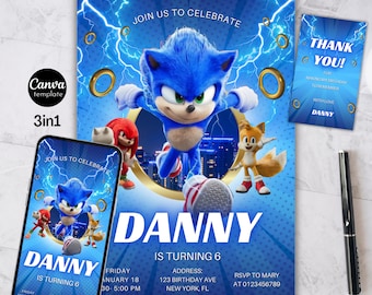 Sonic verjaardagsuitnodiging, Super Hedgehog Boys-feestuitnodiging, Super Sonic-feestuitnodiging, bewerkbare Sonic-uitnodigingssjabloon, Canva-sjabloon 81