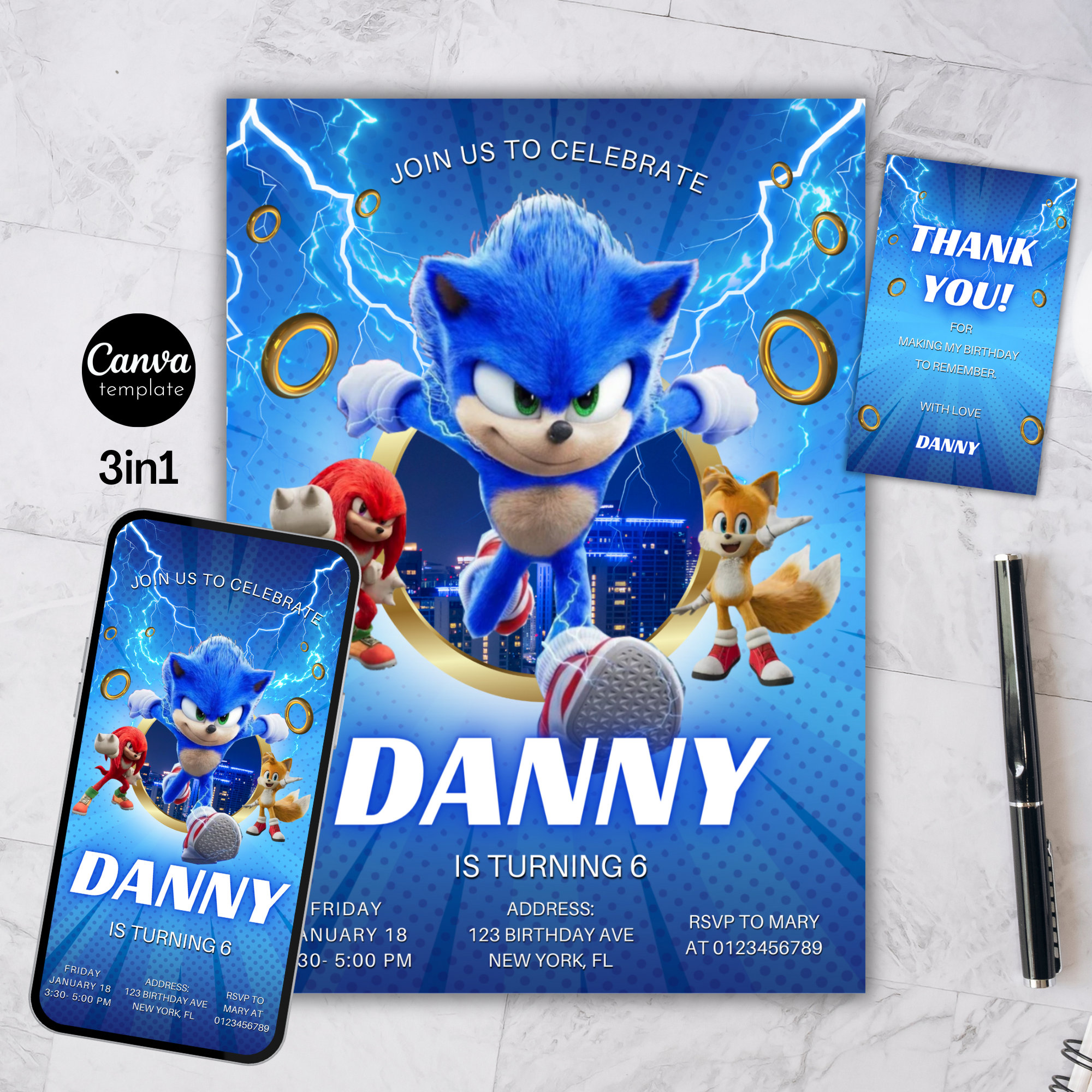 Sonic Birthday Invitation Super Hedgehog Boys Party Invite Super