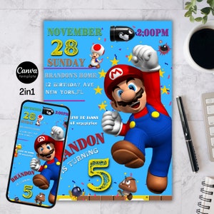 Mario Bros Invitation, Super Mario Birthday Invitation, Super Brothers boy Invite, Video Game, Kid Invite, Editable Template Canva 75