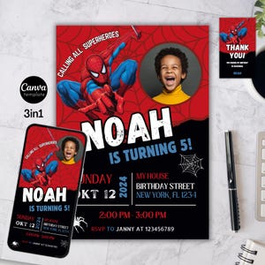 スパイダーマン招待状、スパイダーマン男の子誕生日パーティーデジタル招待状、子供の誕生日カード、デジタルダウンロードテンプレート