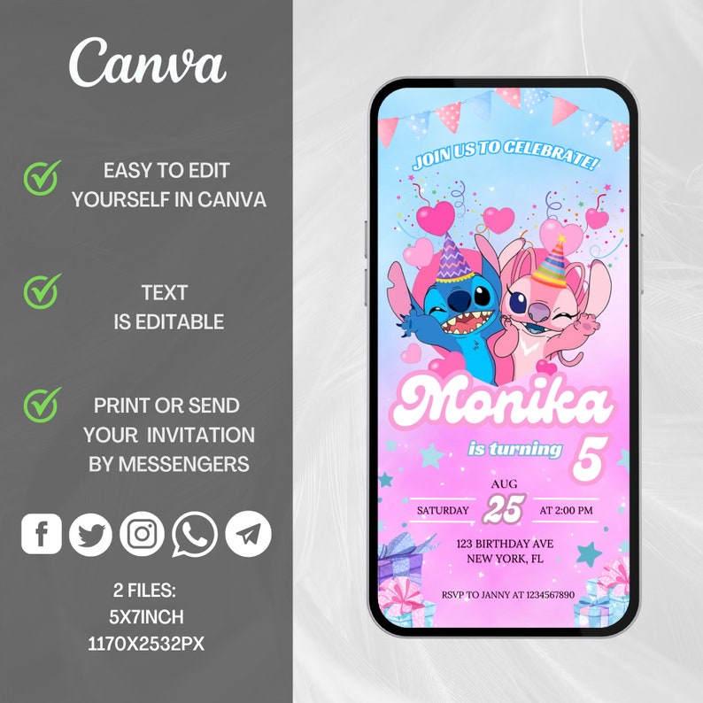 Stitch Birthday Invitation Template Editable Stitch Girls Birthday Invitation Stitch Birthday Paarty Invitation Stitch Invite Canva template image 5