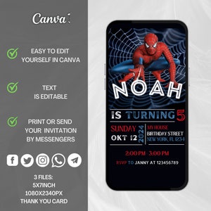 Peut inclure: Une invitation num&eacute;rique pour une f&ecirc;te d'anniversaire de 5 ans avec un personnage de Spiderman. L'invitation est noire avec du texte rouge et bleu. Le texte indique "Noah a 5 ans" et comprend la date, l'heure et le lieu de la f&ecirc;te.