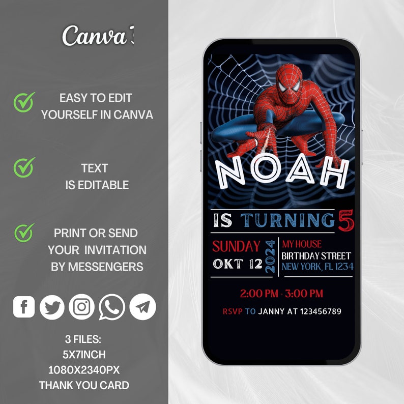 Peut inclure: Une invitation num&eacute;rique pour une f&ecirc;te d'anniversaire de 5 ans avec un personnage de Spiderman. L'invitation est noire avec du texte rouge et bleu. Le texte indique "Noah a 5 ans" et comprend la date, l'heure et le lieu de la f&ecirc;te.