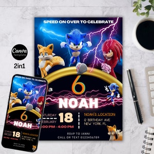 Modèle d'Invitation d'anniversaire Sonic, Super hérisson Boys Party inviter, Faire-part Super Sonic, Invitation Sonic modifiable, modèle Canva
