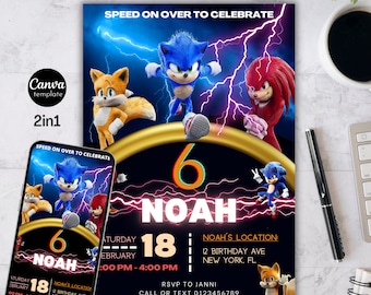 Sonic Birthday Invitation Template, Super Hedgehog Boys Party Invite, Super Sonic Party Invitation, Editable Sonic Invite , Canva Template