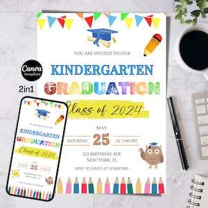 Kindergarten Abschluss 2024 Einladungsvorlage, bearbeitbare Kindergarten Abschluss Ankündigung, Klassenabschlussfeier, Sofort Download