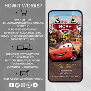 May include: A digital invitation on a smartphone screen featuring a red race car, the text "NOAH is turning 5", and event details. The invitation is for a birthday party. The left side of the image shows instructions on how to download the template.