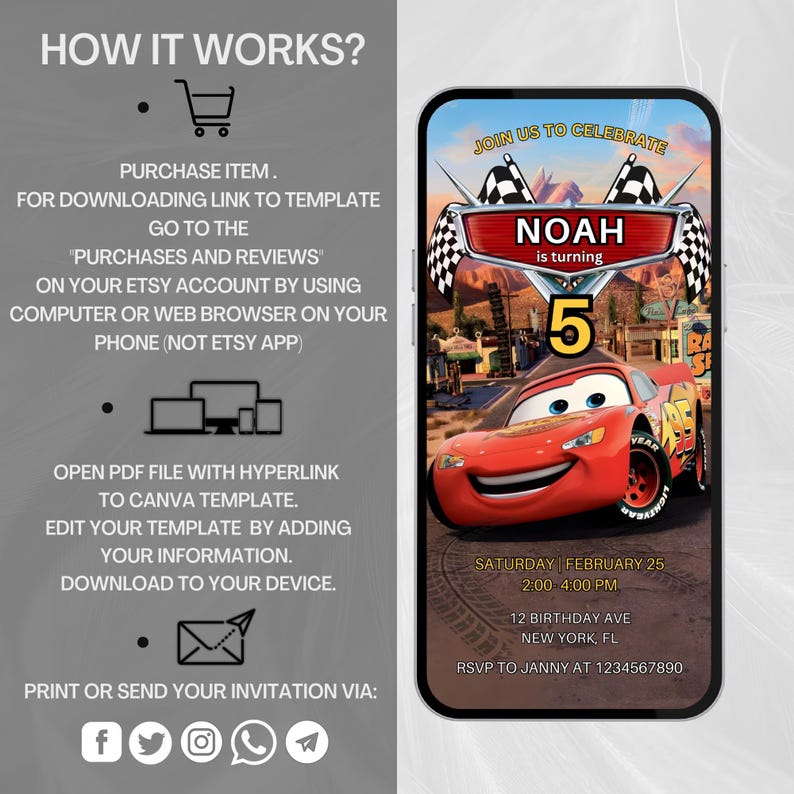 May include: A digital invitation on a smartphone screen featuring a red race car, the text "NOAH is turning 5", and event details. The invitation is for a birthday party. The left side of the image shows instructions on how to download the template.