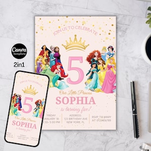 Princess Birthday Invitation, Princess Invitation Template, Princess Party Invite Gold Pink Girl Princess Invitations, Digital Instant Canva